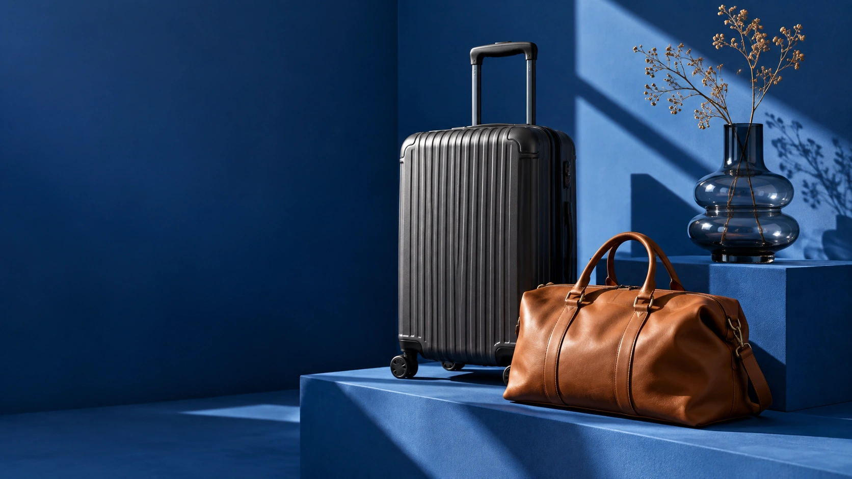 Bagages, sac cognac et vase sur des socles bleu profond
